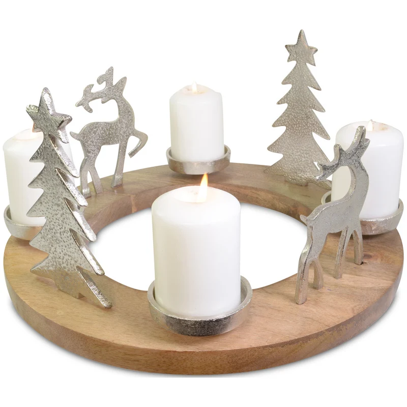 Adventskranz mit Hirschen und Christbäumen Ø 41 cm 24163 | Silber Metall und Holz