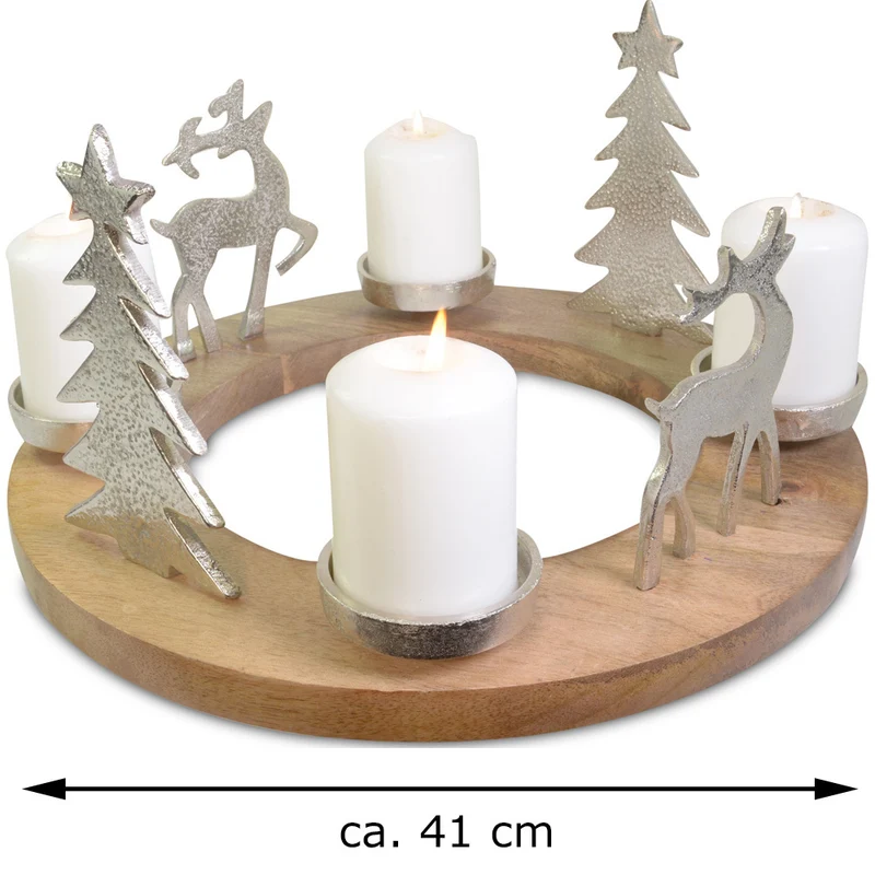 Adventskranz mit Hirschen und Christbäumen Ø 41 cm 24163 | Silber Metall und Holz