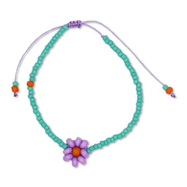 PERLENARMBAND türkis mit lila BLUME inkl. gestreiftem STOFFBEUTEL mit Blumenstickerei
