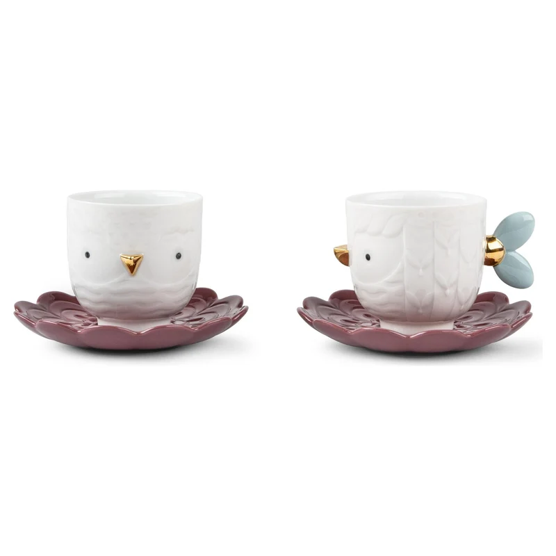 Set aus 2 Tassen und Untertassen KAWKI – Porzellan in Weiß und Rosa