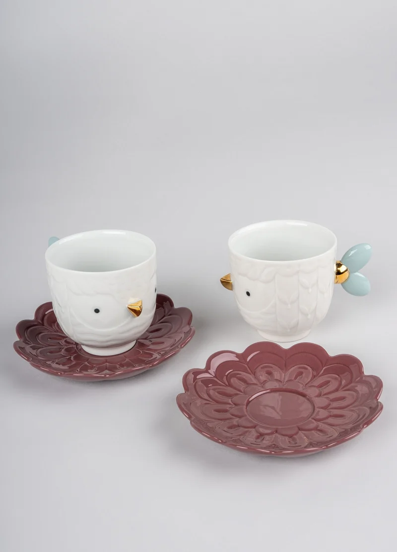 Set aus 2 Tassen und Untertassen KAWKI – Porzellan in Weiß und Rosa