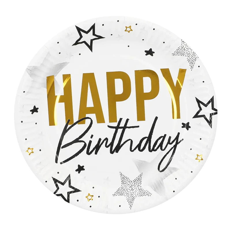 "Happy Birthday" Gold Schwarz | 8 Pappteller Ø23cm