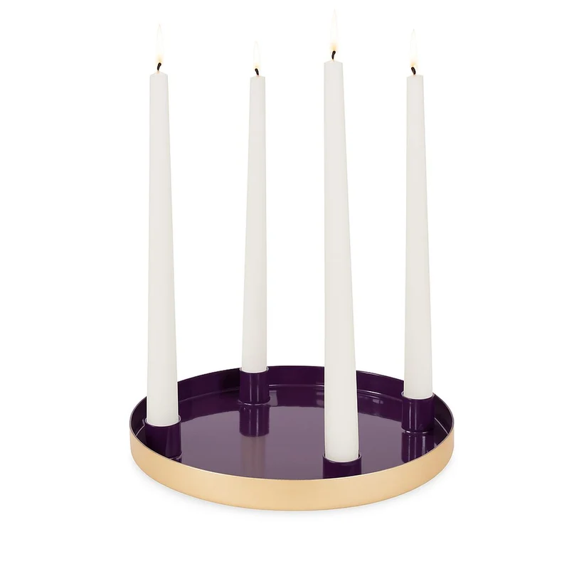 Advents-Tablett mit 4 Kerzenhaltern | Lila Gold Metall 25,5×2 cm | 15866