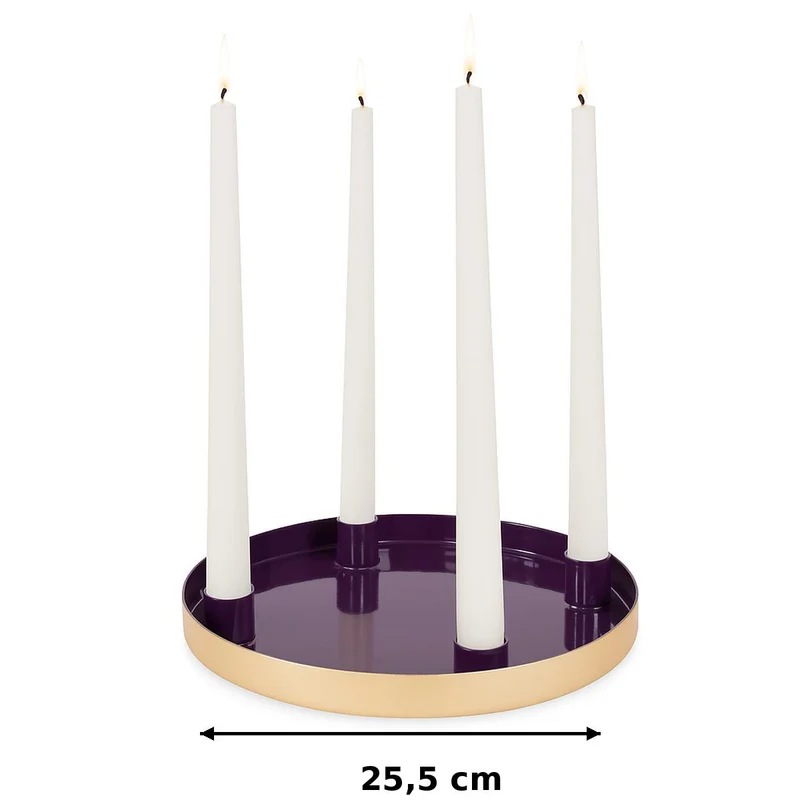 Advents-Tablett mit 4 Kerzenhaltern | Lila Gold Metall 25,5×2 cm | 15866