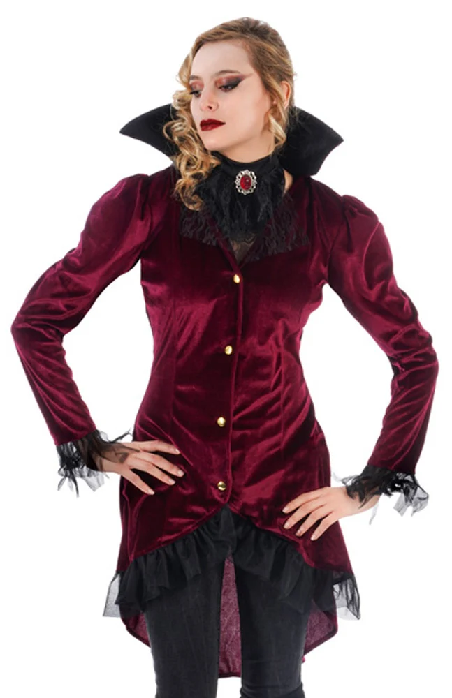 Vampiress "Jasna" Kostümjacke und Jabot für Damen | Dunkelrot Schwarz