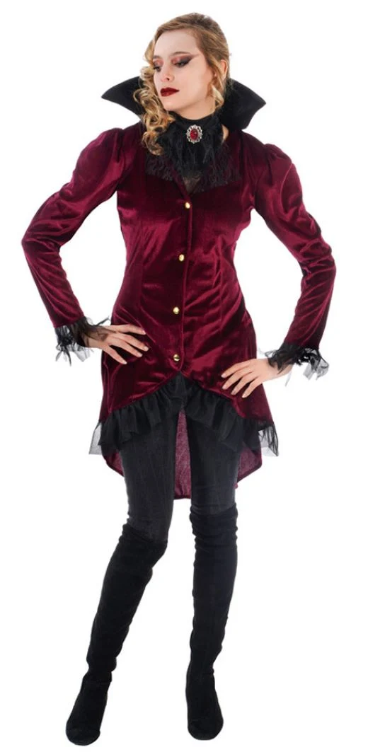 Vampiress "Jasna" Kostümjacke und Jabot für Damen | Dunkelrot Schwarz