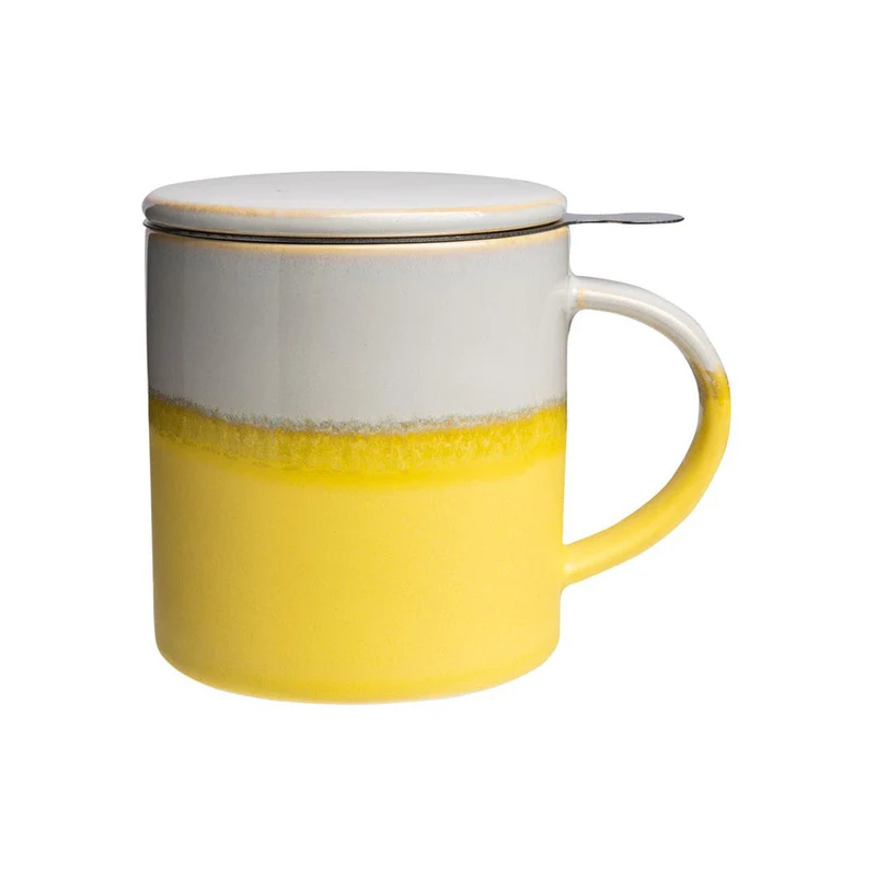 TASSE mit DECKEL und TEESIEB gelb grau INDUSTRIAL ca. 410 ml