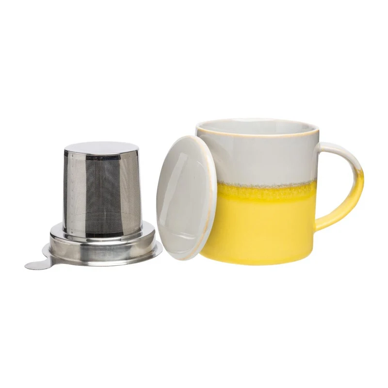 TASSE mit DECKEL und TEESIEB gelb grau INDUSTRIAL ca. 410 ml