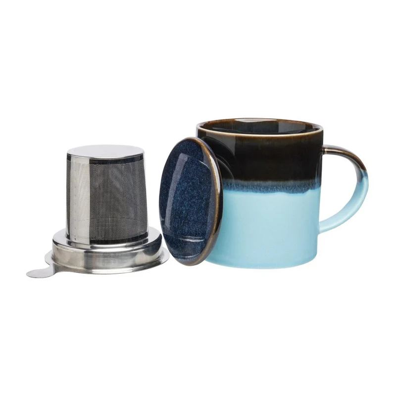 TASSE mit DECKEL und TEESIEB blau dunkelblau INDUSTRIAL ca. 410 ml