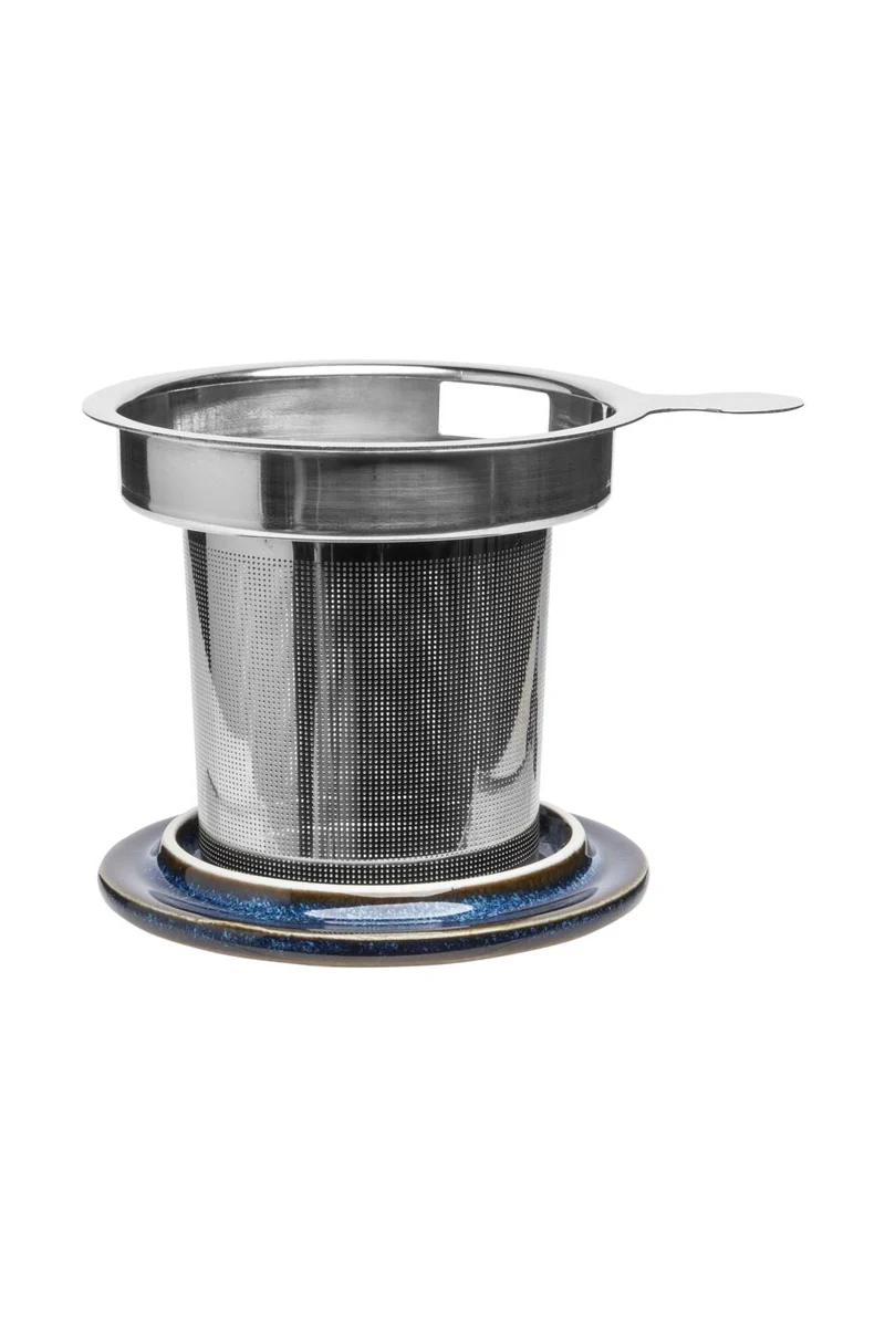 TASSE mit DECKEL und TEESIEB blau dunkelblau INDUSTRIAL ca. 410 ml