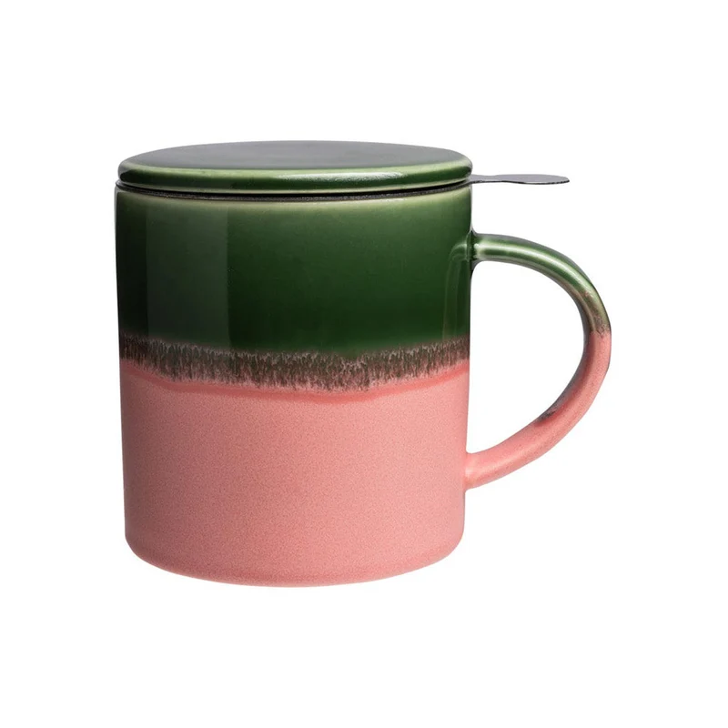 TASSE mit DECKEL und TEESIEB rosa grün INDUSTRIAL ca. 410 ml