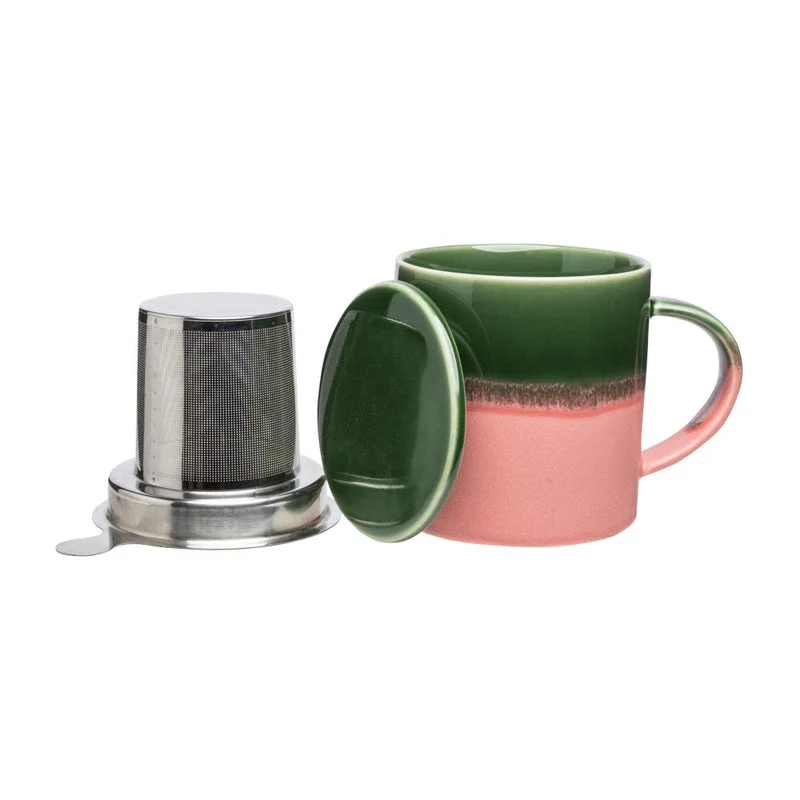 TASSE mit DECKEL und TEESIEB rosa grün INDUSTRIAL ca. 410 ml