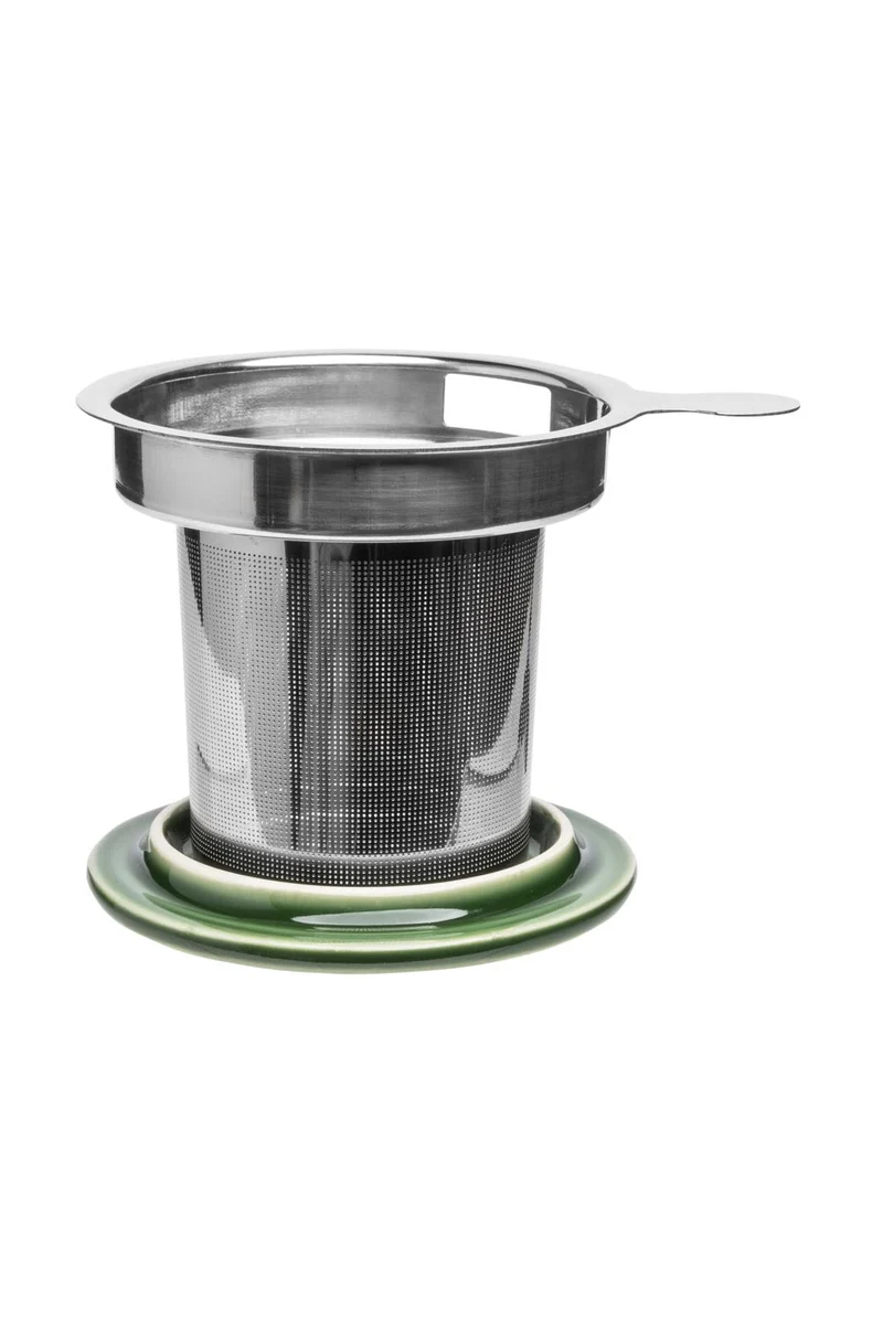 TASSE mit DECKEL und TEESIEB rosa grün INDUSTRIAL ca. 410 ml