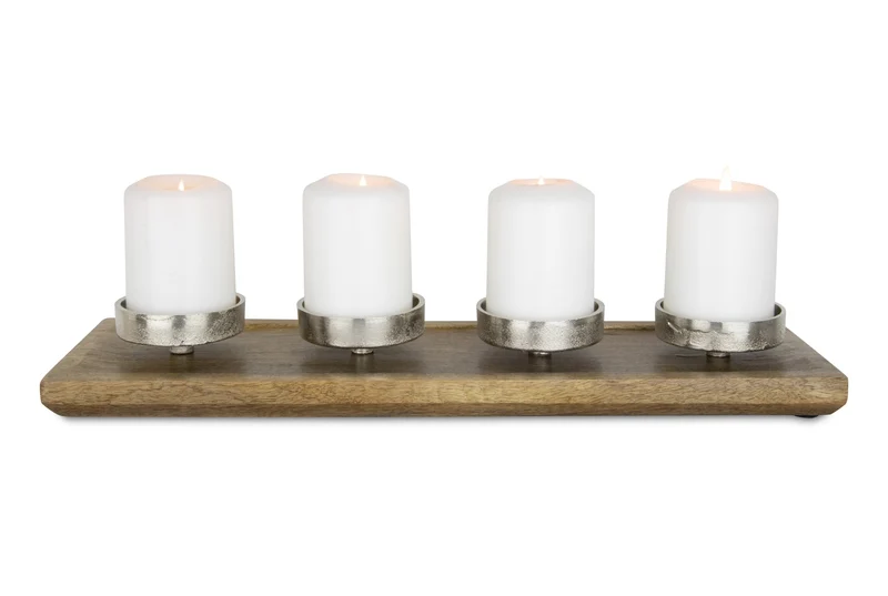 Adventskerzenhalter 4-fach | Aluminium & Holz | Braun Silber | 14×46×5 cm | 10932