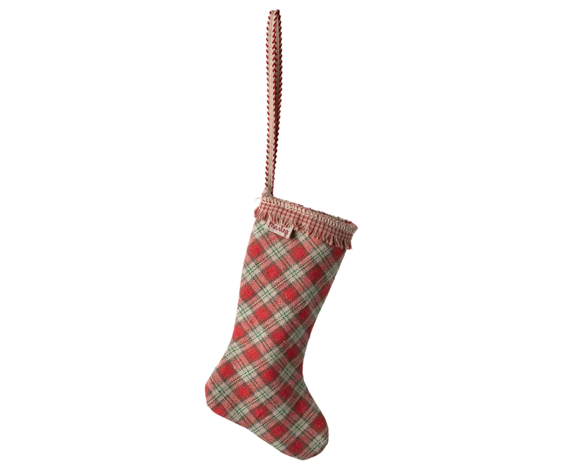 Maileg Strumpf Ornament Karo rot Tartanmuster Weihnachtssocke ☆ Nikolausstrumpf ca. 11x5 cm Leinen-Baumwolle