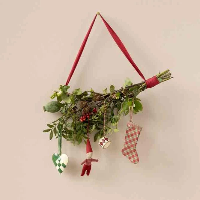 Maileg Strumpf Ornament Karo rot Tartanmuster Weihnachtssocke ☆ Nikolausstrumpf ca. 11x5 cm Leinen-Baumwolle