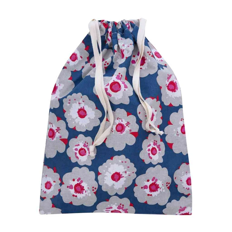 Stoffbeutel blau grau pink Blüten FLOWER mit Zugband ca. 27x37 cm Aufbewahrung Siebdruck
