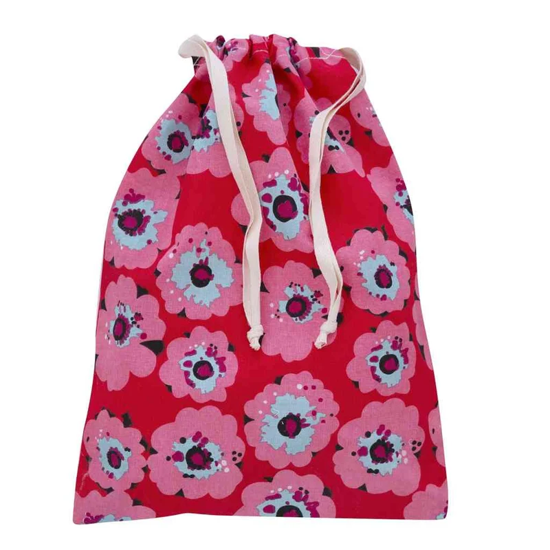 Stoffbeutel rot rosa Blütenmuster FLOWER mit Zugband ca. 27x37 cm Aufbewahrung Siebdruck