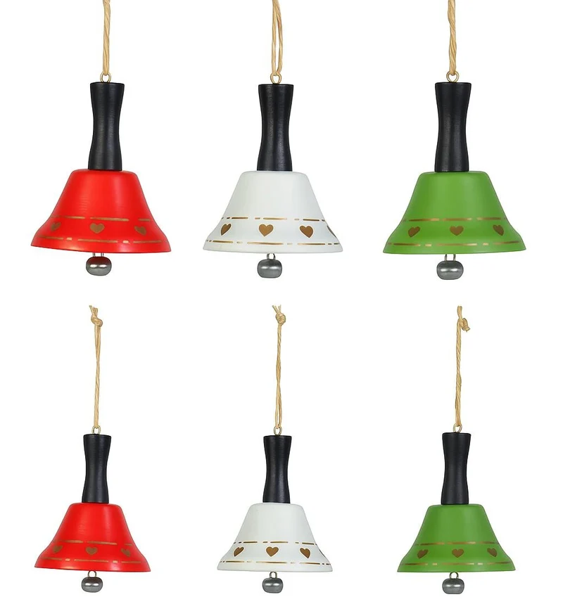 Glocken Hänger 6er Set | 6,5x8,5 cm | Rot Weiß Grün | Metallglocken | 15419