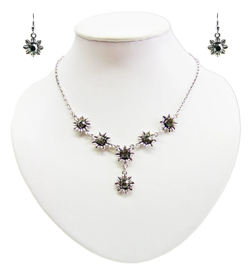 Blumen Collier mit Ohrhängern - Black Diamond