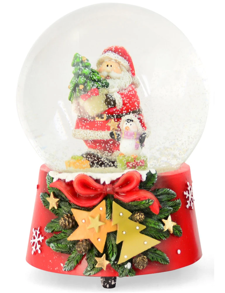 Spieluhr Schneekugel "Weihnachtsmann mit Pinguin" 14,5 cm | 74845 - Adventsdekoration