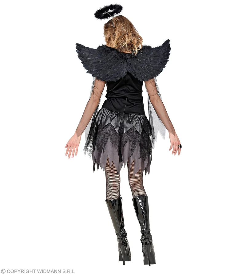 Schwarzer Engel Kostüm für Damen | Kleid Flügel Heiligenschein