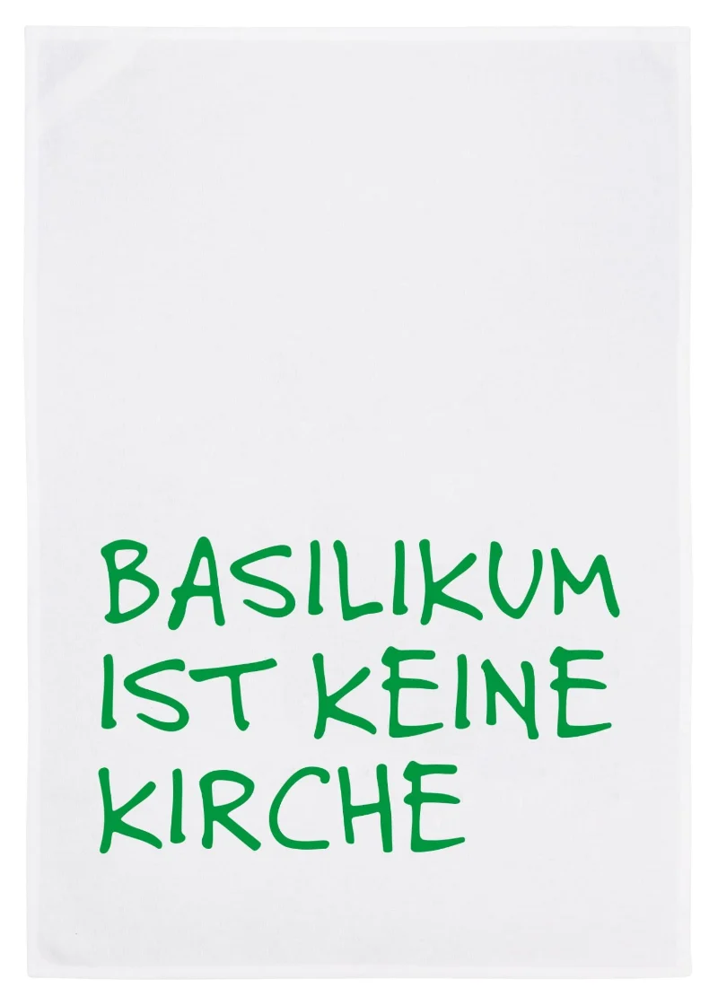 Geschirrtuch BASILIKUM IST KEINE KIRCHE Siebdruck grün ca. 50x70 cm Baumwolle