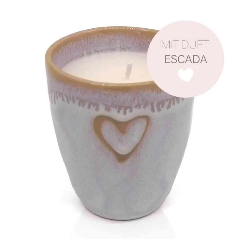 Duftkerze ESCADA im Stoneware-Becher polarweiß ca. 7,6x6,7 cm / 150 ml mit Herzmotiv