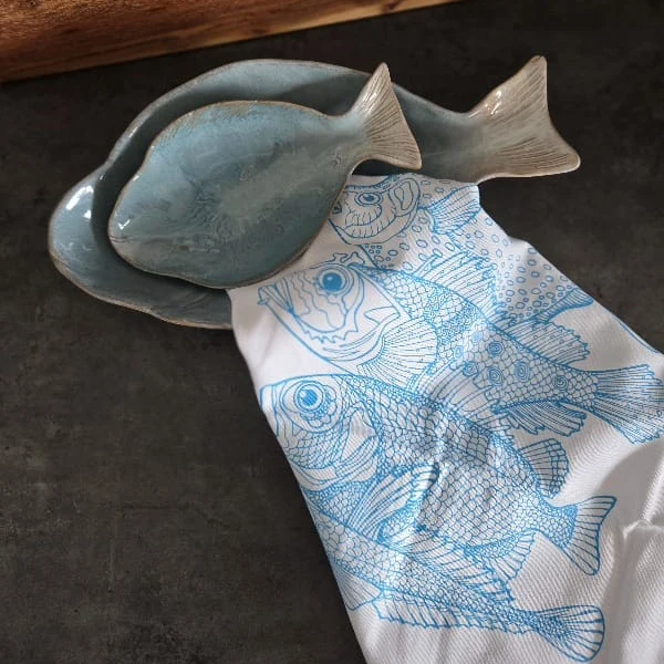 Geschirrtuch FISCHE blau Siebdruck ca. 50x70 cm 100% Baumwolle