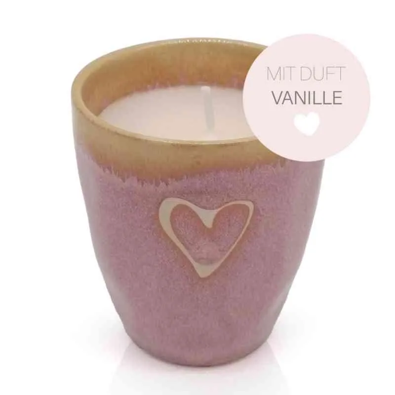 Duftkerze VANILLA im Stoneware-Becher rosa ca. 7,6x6,7 cm / 150 ml mit Herzmotiv