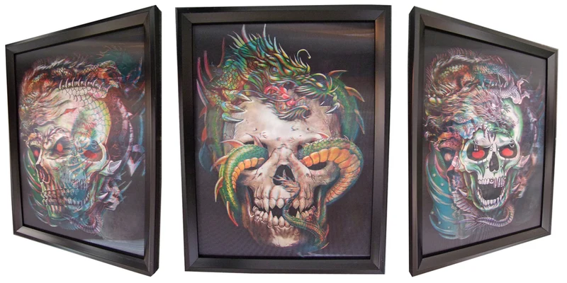 3D Effektbild Totenkopf mit Drache - ca. 42,5 x 32,5 cm