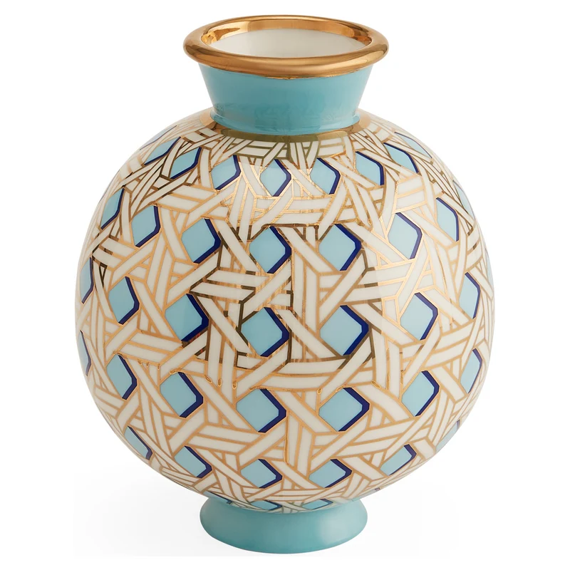 Vase aus Porzelan 'BASKETWEAVE ROUND' blau/gold, H24cm