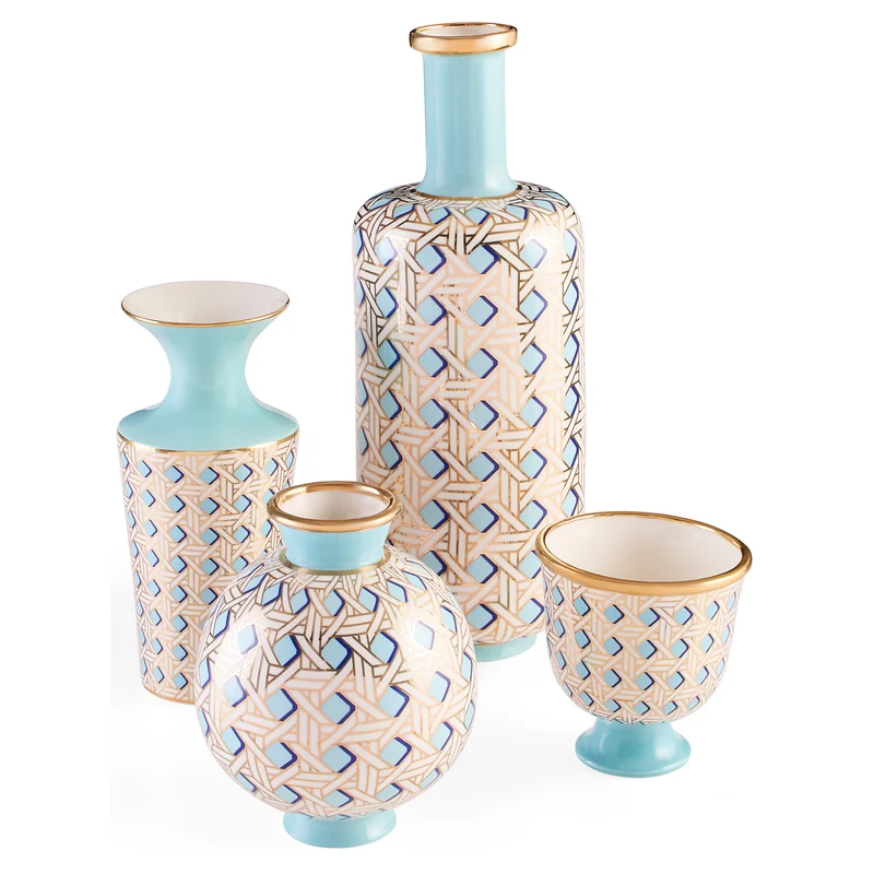 Vase aus Porzelan 'BASKETWEAVE ROUND' blau/gold, H24cm