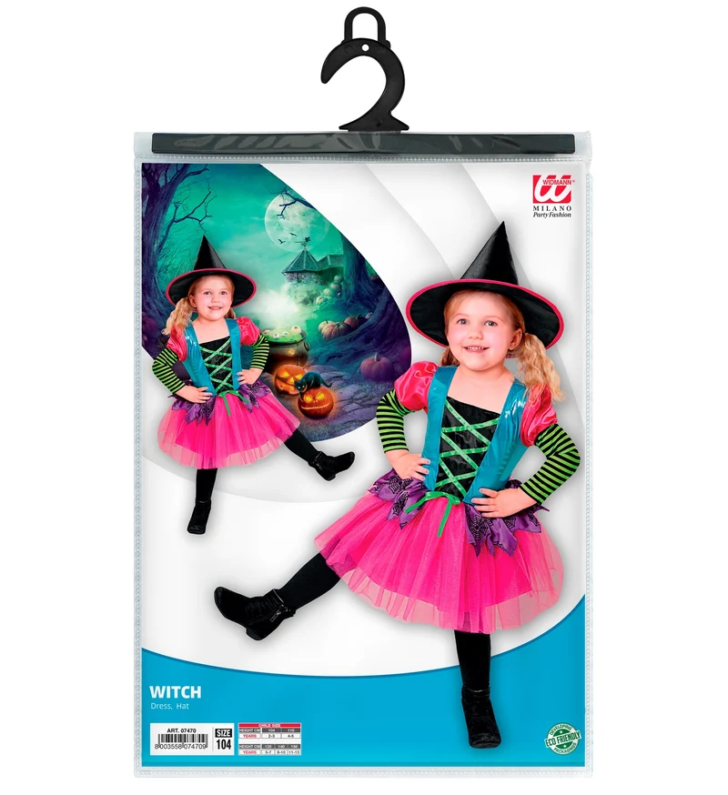 Regenbogen Hexe Kinderkostüm 2-teilig - Kleid und Hut | Pink Türkis