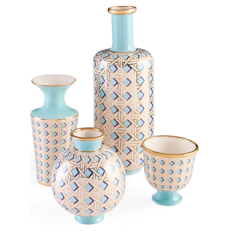 Vase aus Porzelan 'BASKETWEAVE CUFF' blau/gold, H31cm
