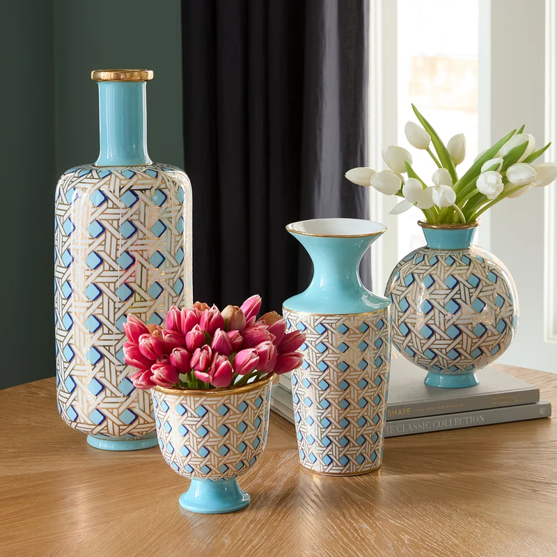 Vase aus Porzelan 'BASKETWEAVE CUFF' blau/gold, H31cm