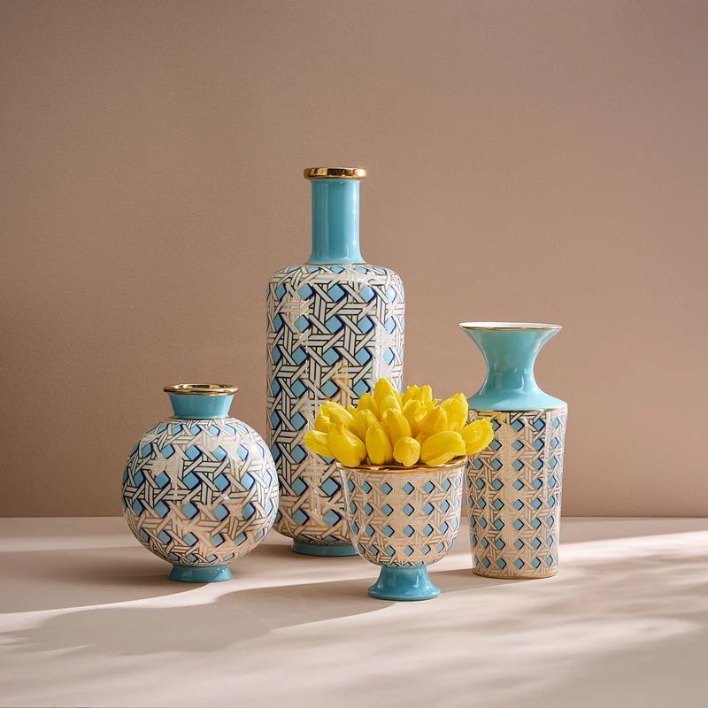 Vase aus Porzelan 'BASKETWEAVE TALL' blau/gold, H51cm