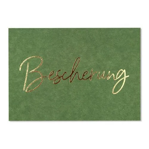 Postkarte BESCHERUNG grün gold Advent xmas Holzschliffpappe mit Goldeffekt AVA & YVES