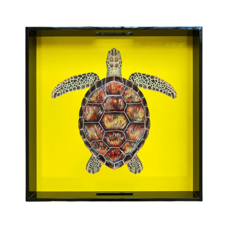 Lacktablett SCHILDKRÖTE, gelb, handbemalt, quadratisch 46x46cm