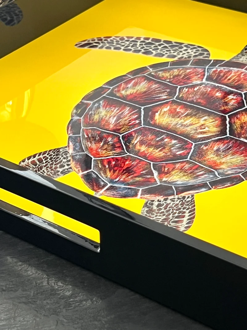 Lacktablett SCHILDKRÖTE, gelb, handbemalt, quadratisch 46x46cm