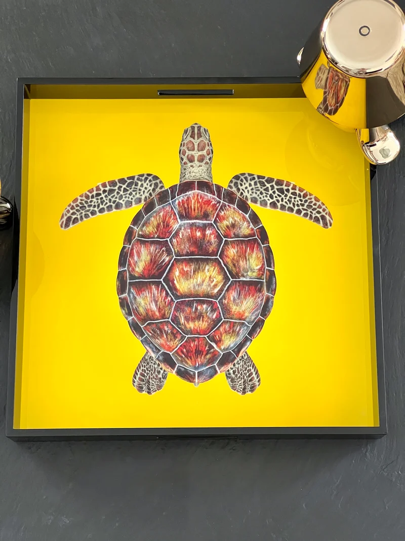 Lacktablett SCHILDKRÖTE, gelb, handbemalt, quadratisch 46x46cm