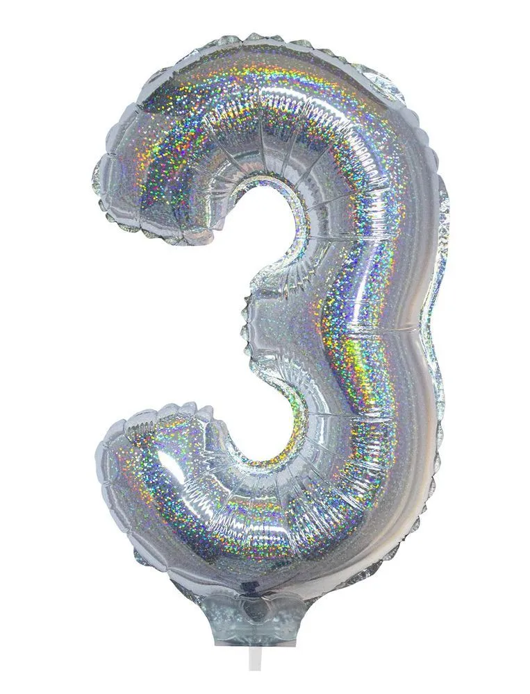 Zahlen Folienballon 41 cm mit Stab - Holografisch Silber Zahl 3
