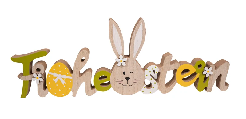 Holzschriftzug Frohe Ostern | 37x13 cm | Dekofigur aus Holz grün/gelb | 16972