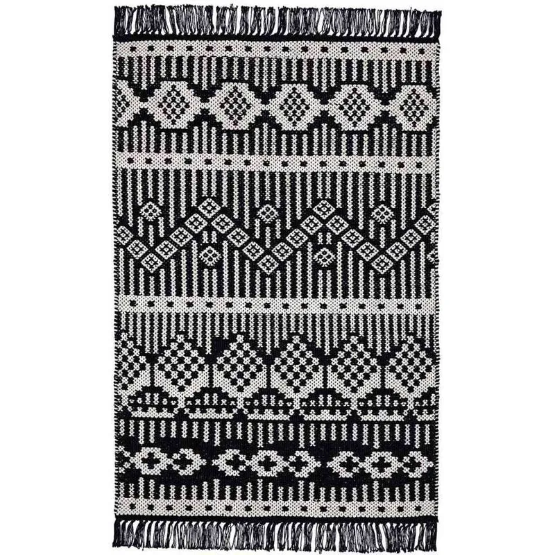 Teppich Matte PANAMA schwarz weiß mit Fransen 60x90 cm Baumwolle