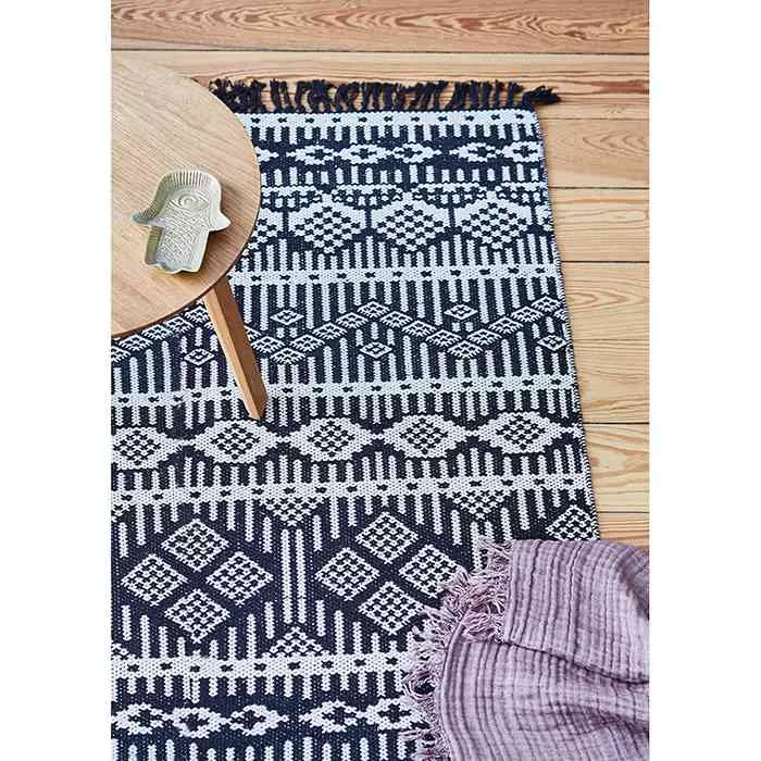 Teppich Matte PANAMA schwarz weiß mit Fransen 60x90 cm Baumwolle