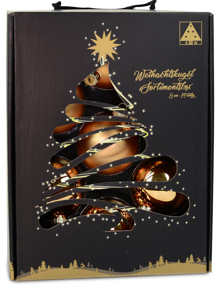 Riffelmacher Glas Weihnachtskugeln im Koffer 26270 | 14 Stück | Ø 8 cm - Gold