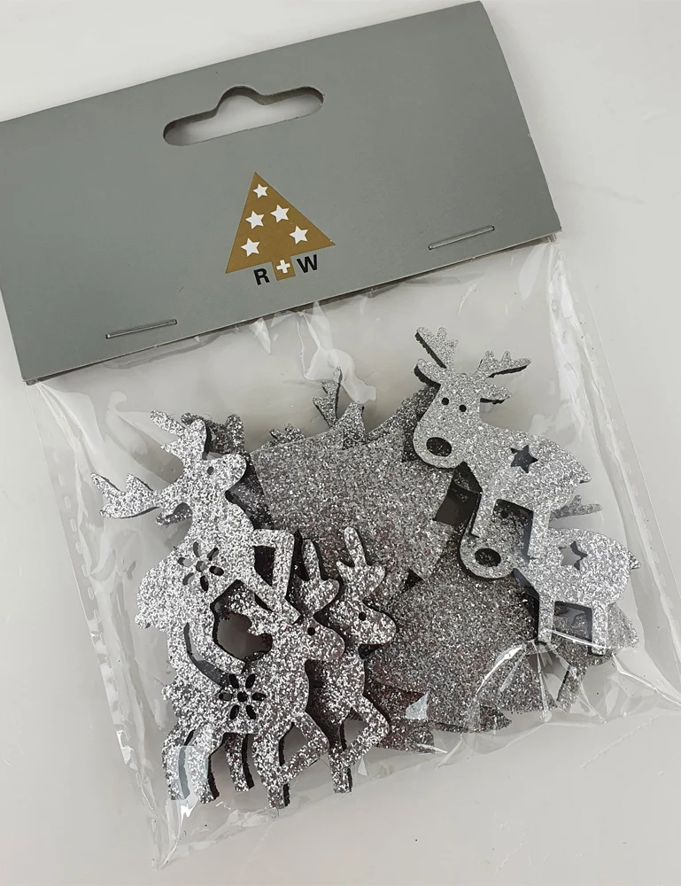 Riffelmacher Filz Streudeko mit Glitter ca. 4cm 70092 | Silber - Hirsche/Bäume