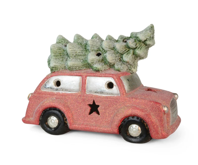 LED Deko-Auto mit Tannenbaum | Keramik Rot Grün | 23×15,5 cm | mit Licht | 70313