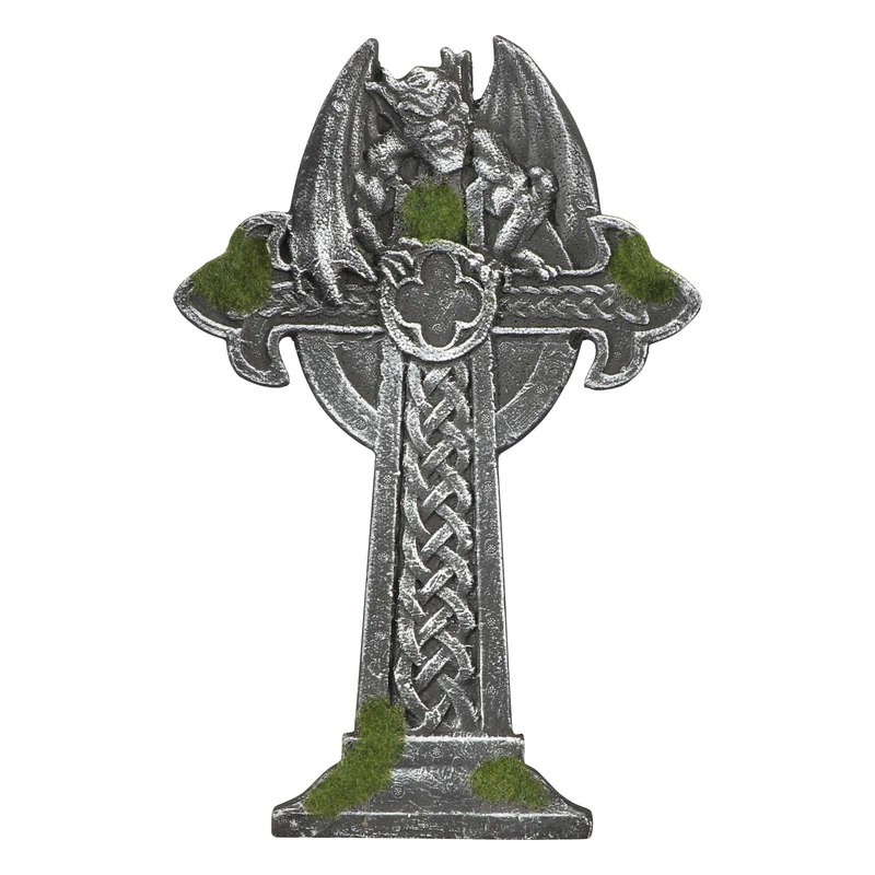 Grabstein in Kreuzform mit Teufelsfigur 36 x 2,5 x 55 cm | Grau Halloween Dekoration