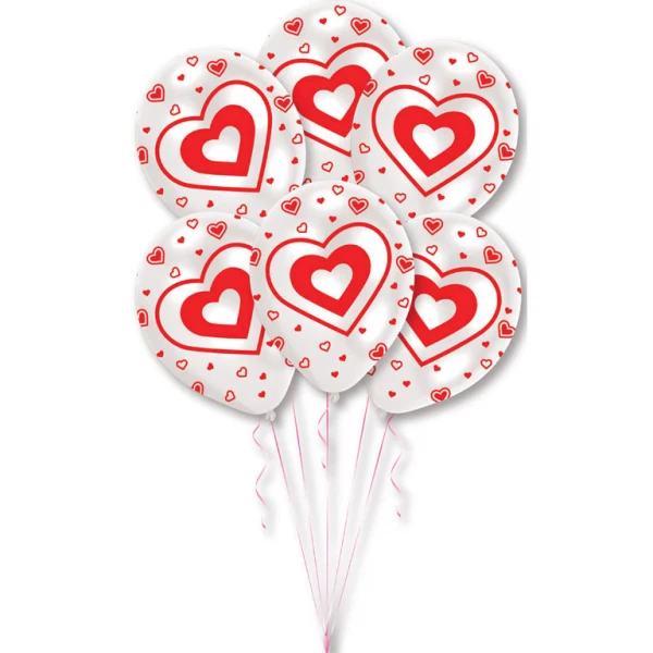 "Herzen" Runde Latexballons Luftballons 27,5 cm Globaldruck - 6 Stück Weiß Rot